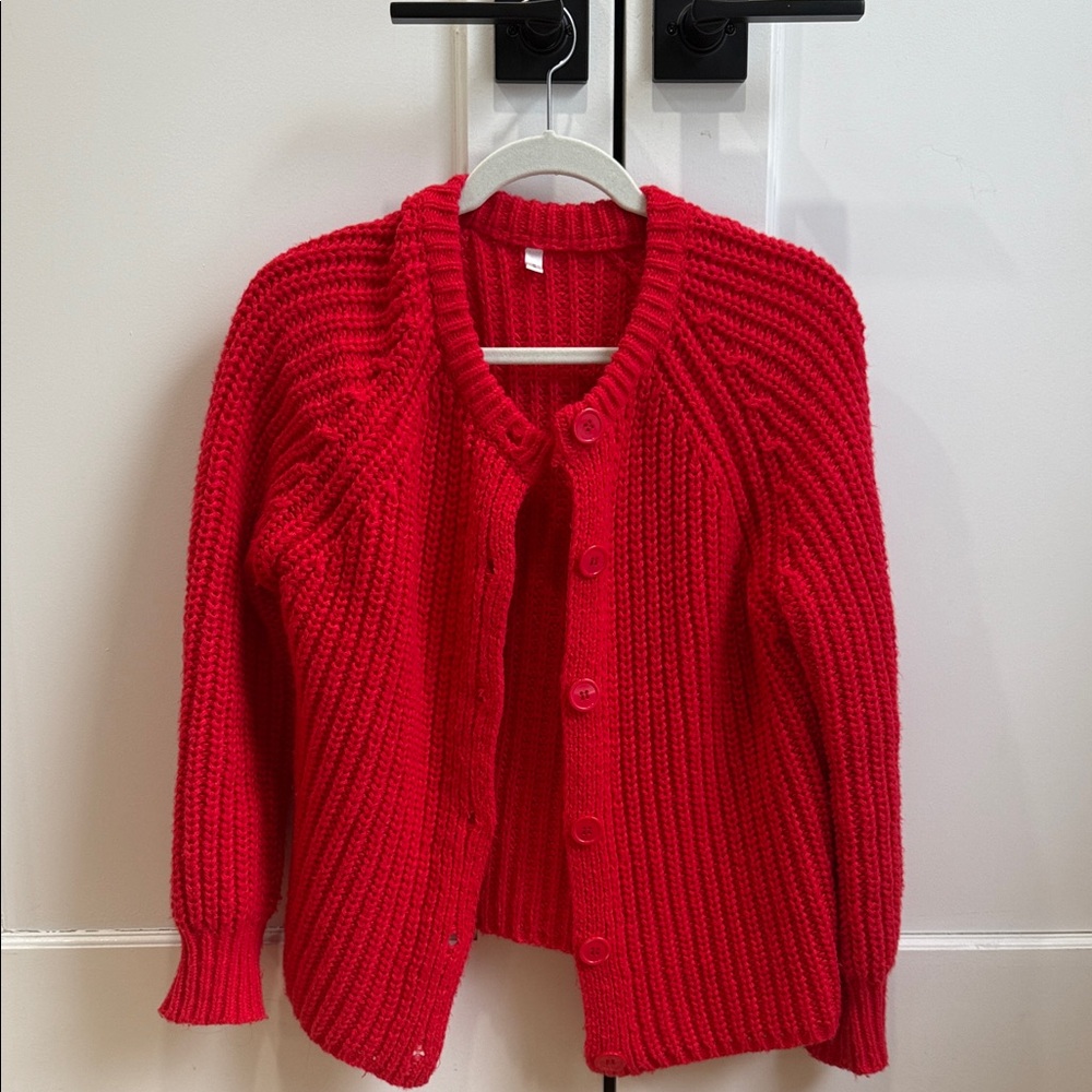 Red Ribbed Button-Front Women's Sweater Cardigan